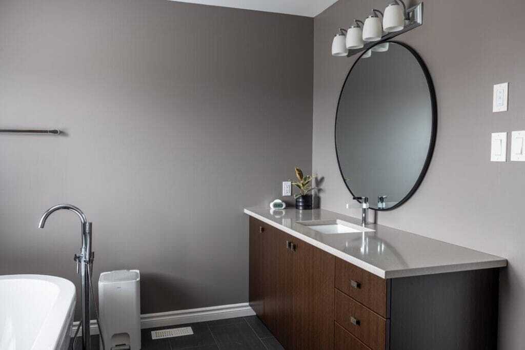 polymarble bathroom countertop with wooden style vanity