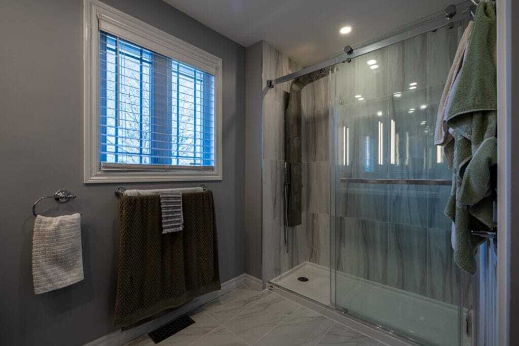 wall mount vanity tiled shower