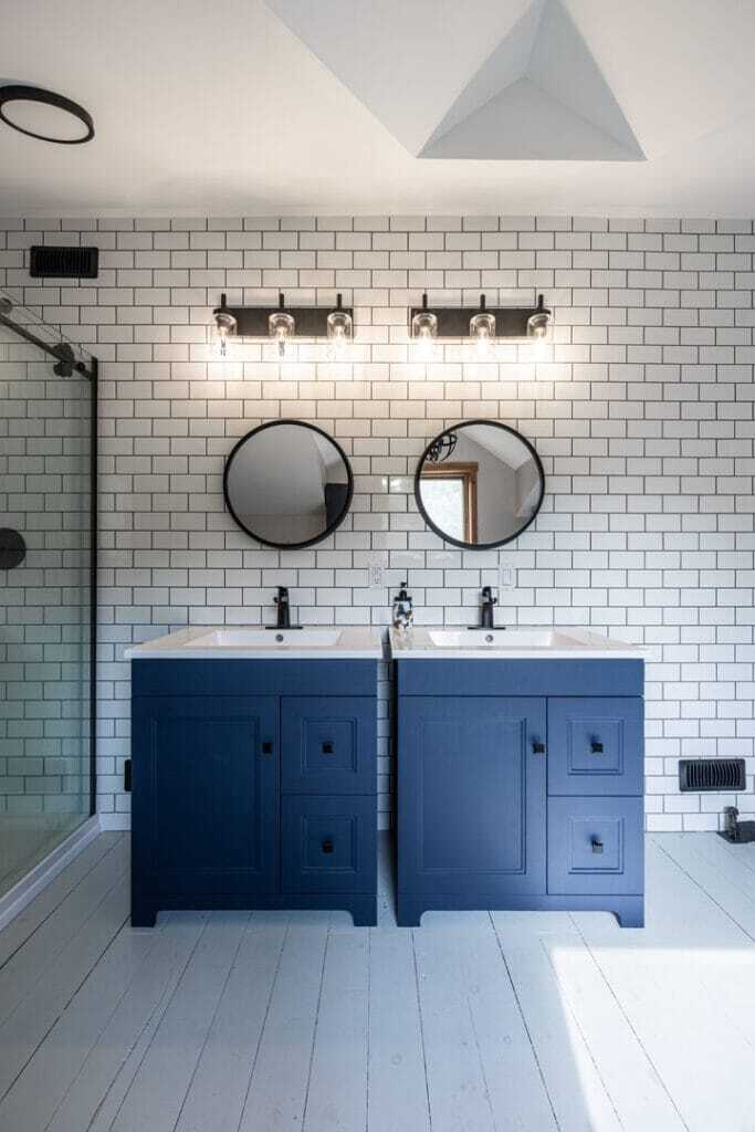 separate two blue vanity with shower room