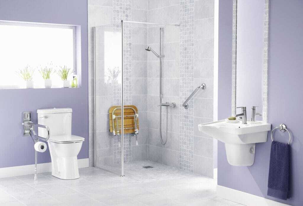 pop lavender bathroom walls withfloating basin and toilet