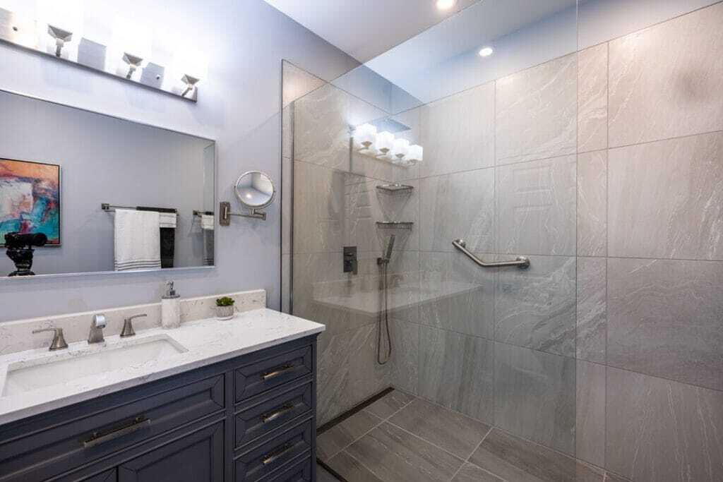 custom barrier free shower with wayfair vanity