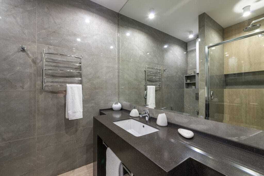 Granite bathroom countertop with full length mirror