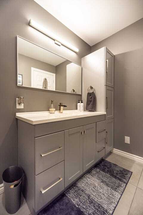 bath depot grey vanity and grey linen tower