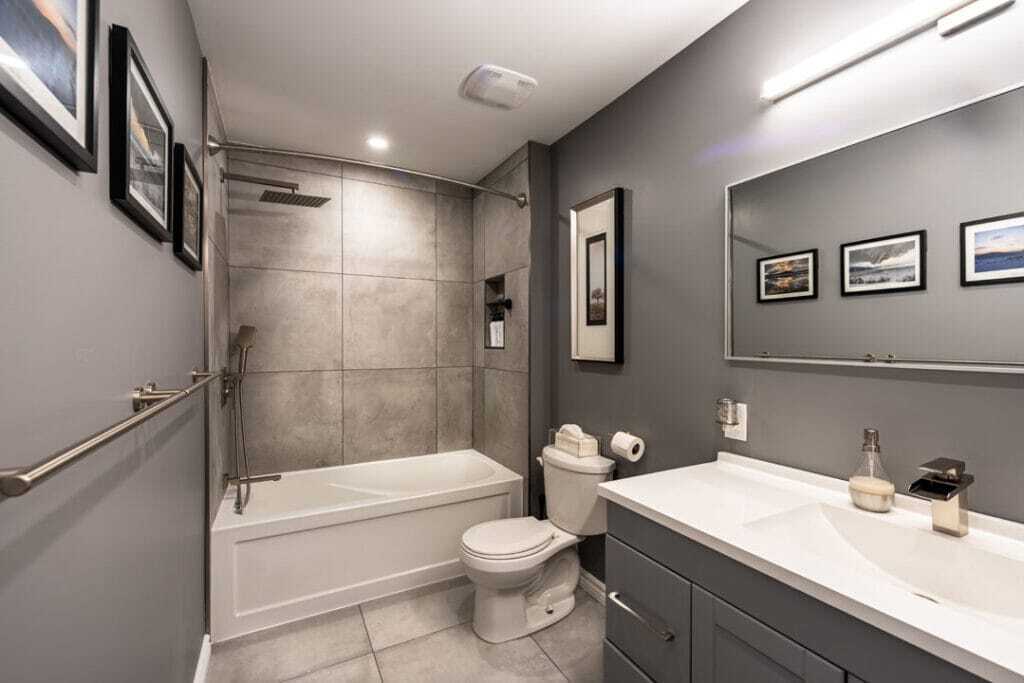 grey vanity and nichel finishes