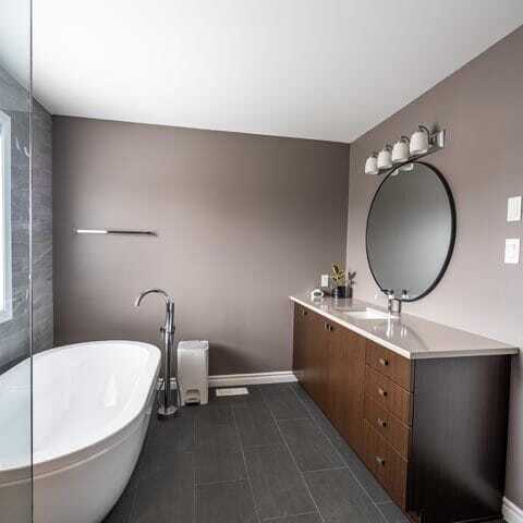 large scale tiled floor brown vanity