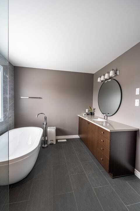 large scale tiled floor brown vanity