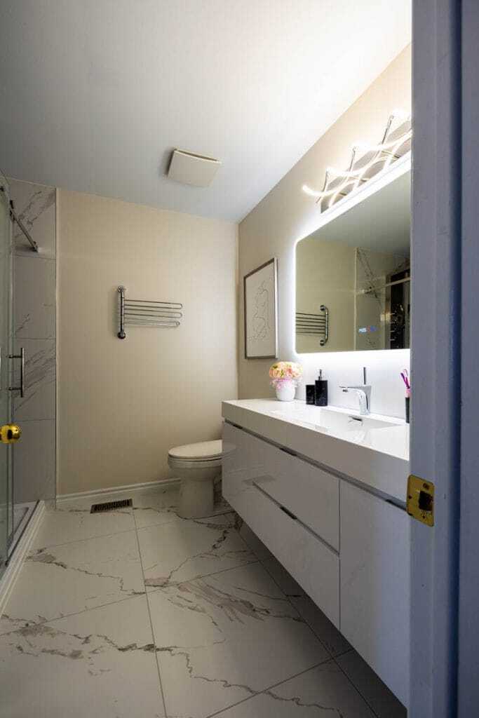 wall mount vanity led mirror and large scale tiles