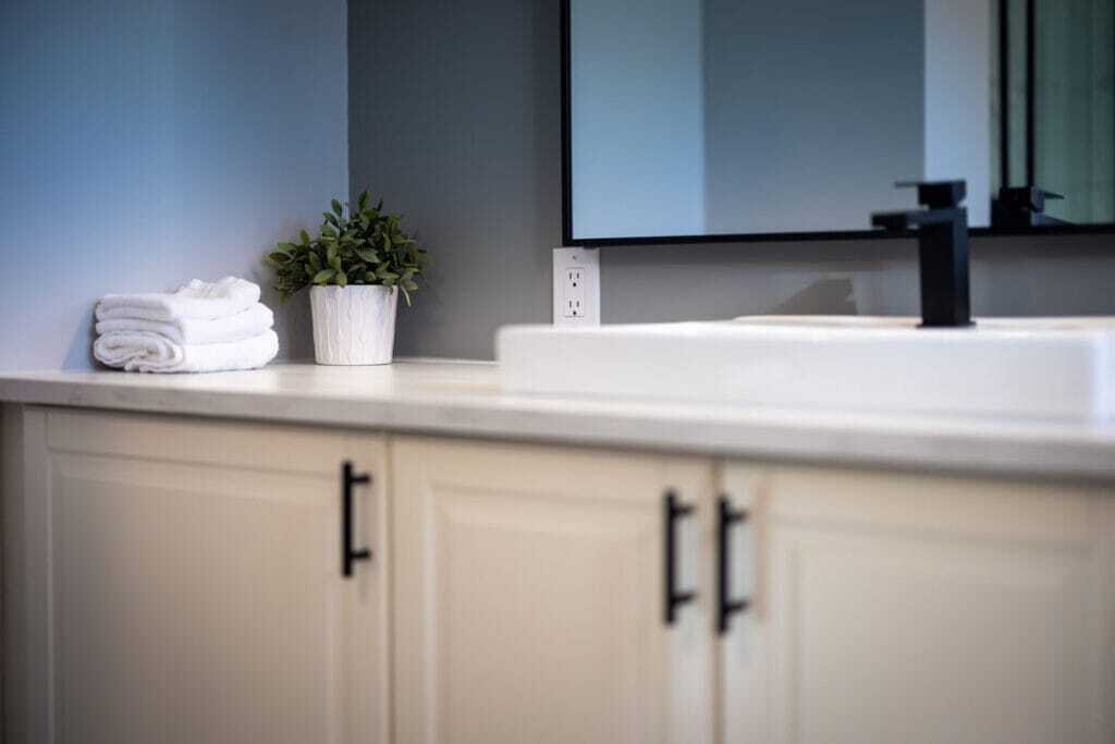 ikea vanity white counter black trim
